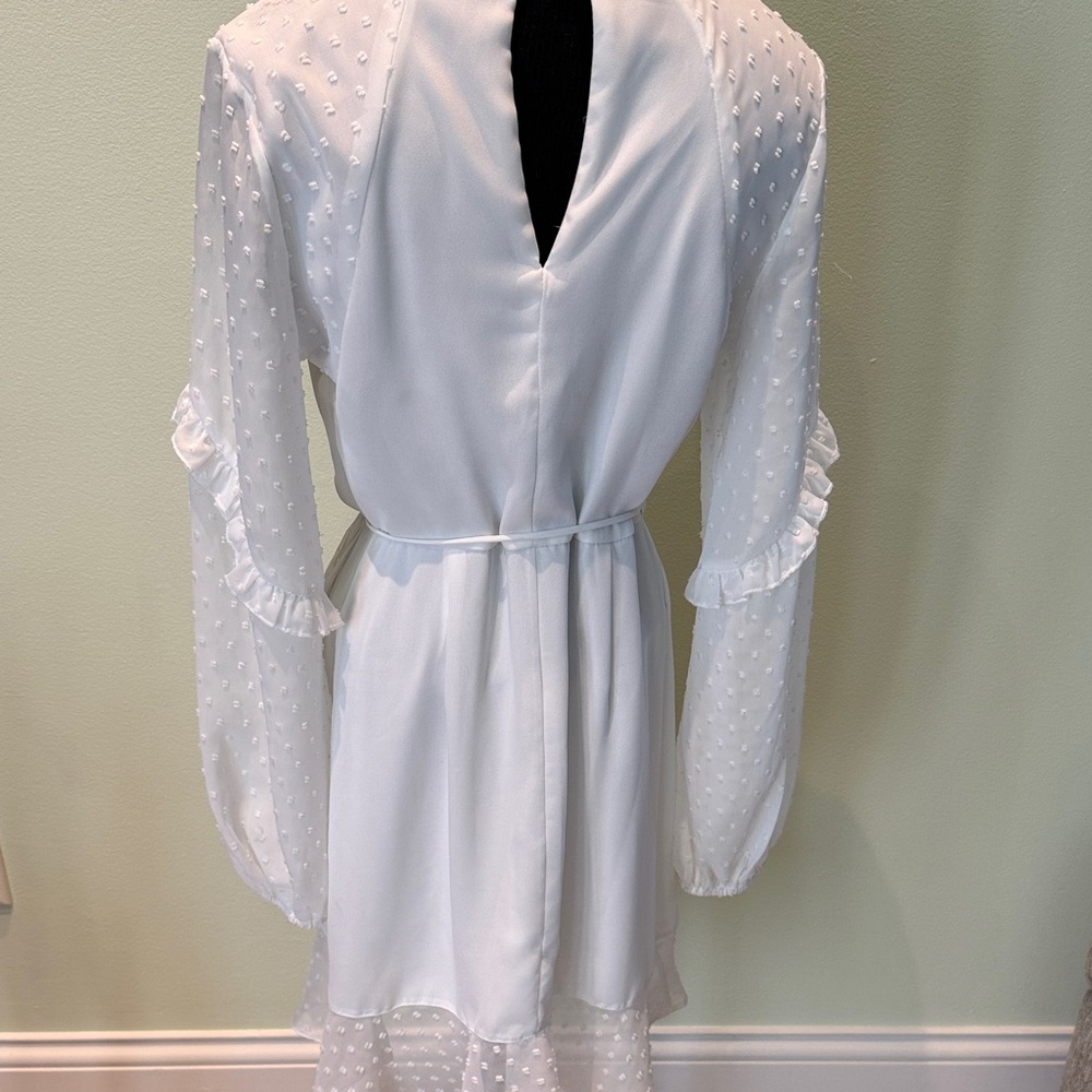 Gianni Bini Bridal White Wrap Dress, Sheer Dotted Long Sleeves, Size S - Picture 3 of 6